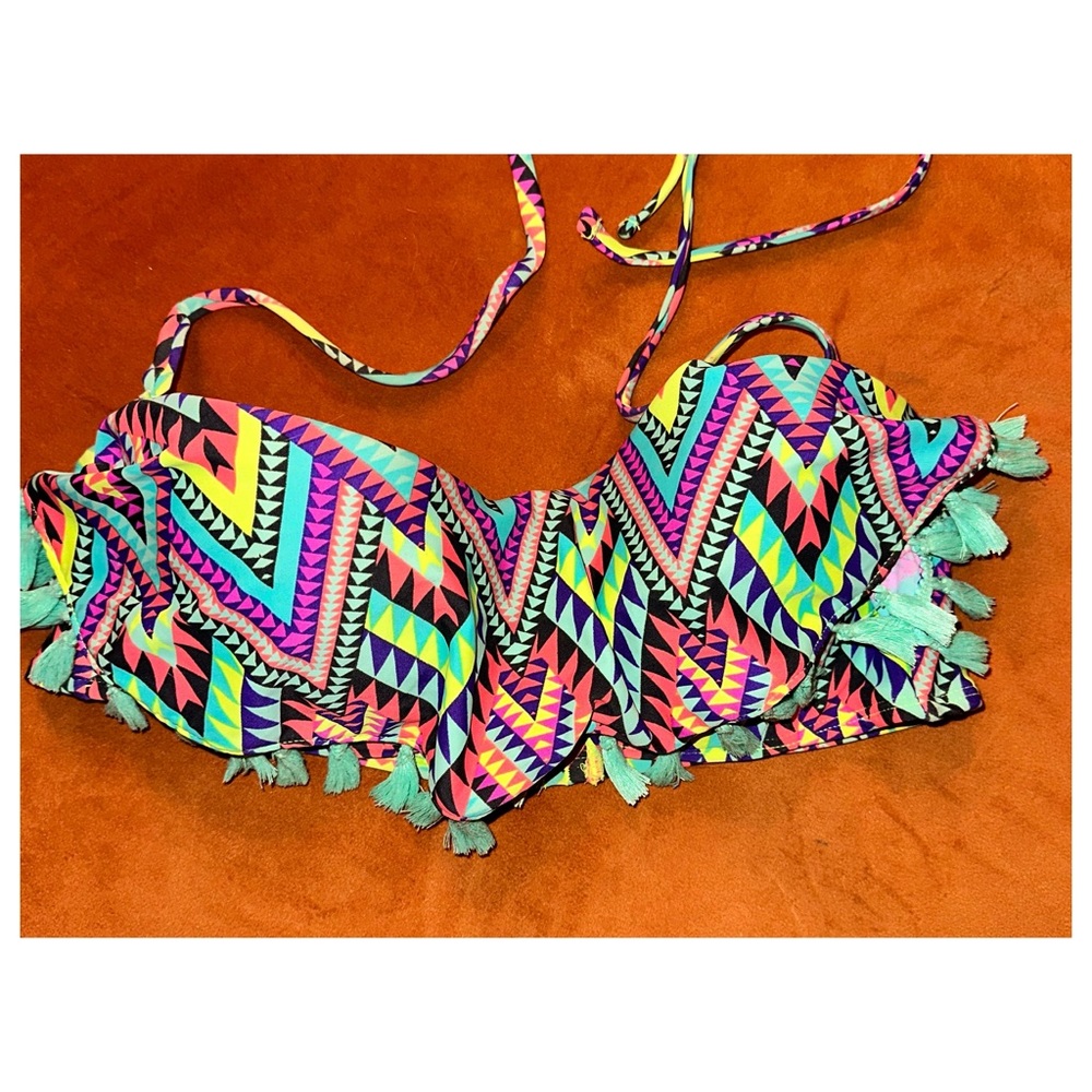 Vintage circa 2014, Neon Aztec, Fringe Bikini Top, Size Large - Picture 10 of 16